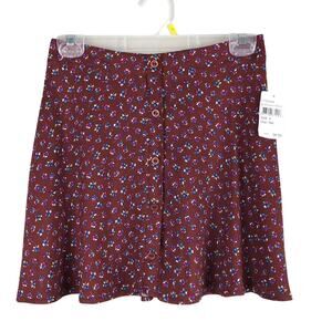 Lush Burgundy Wine Red All Over Floral Print Elastic Waist Pull On Skater Skirt